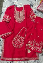 Premium Quality Red Embroidered Kurta Set with Dupatta and Matching Potli Bag for Women - Image 4