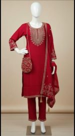 Premium Quality Red Embroidered Kurta Set with Dupatta and Matching Potli Bag for Women