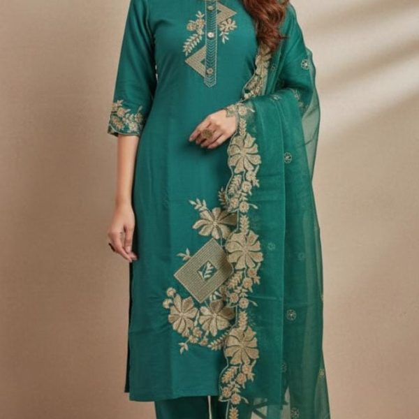 Teal Green Embroidered Suit Set