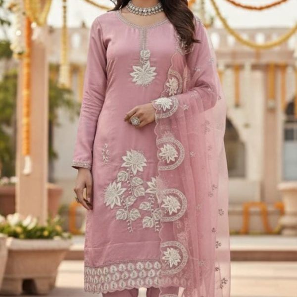 Elevate your ethnic charm with this elegant blush pink suit set, Free Earrings | Festive Wear for Women