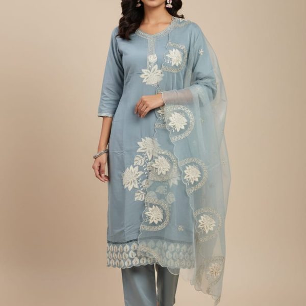 Sky Blue Embroidered Suit Set Description